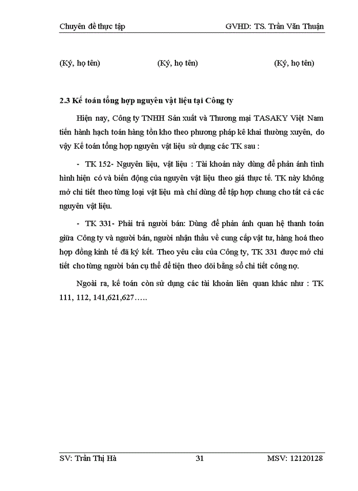 image for page Kế toán nguyên vật liệu tại Công ty Trách nhiệm hữu hạn Sản xuất và Thương mại TASAKY Việt Nam
