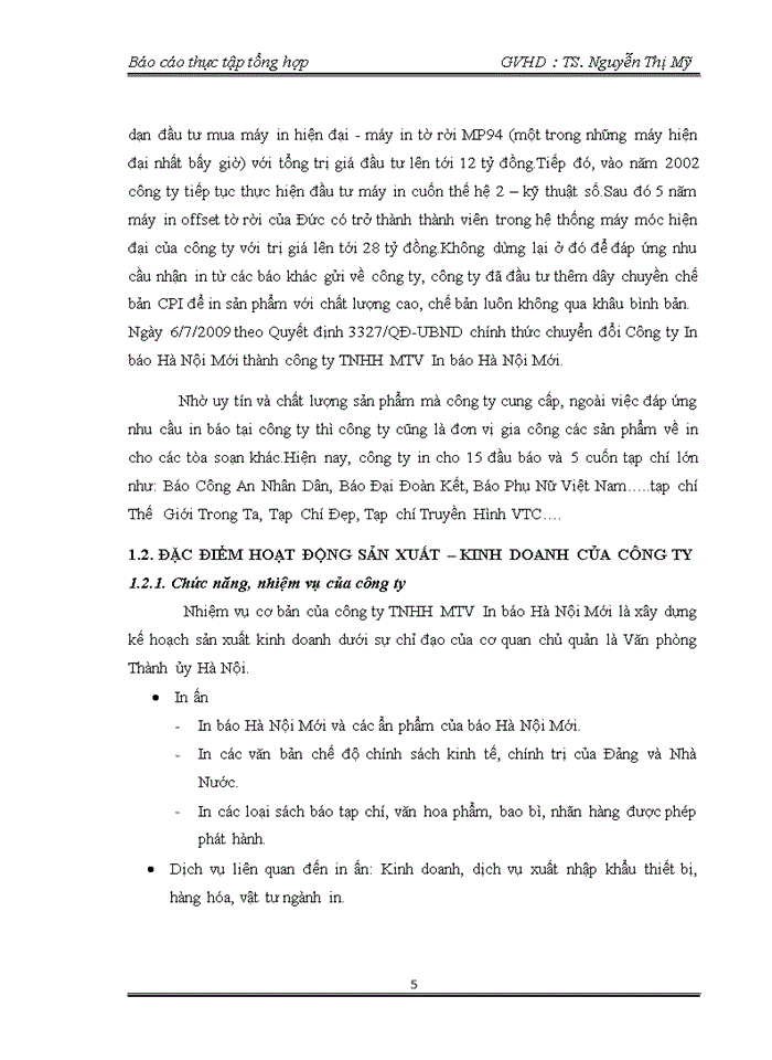Báo cáo Công ty Trách nhiệm hữu hạn một thành viên In Báo Hà Nội Mới