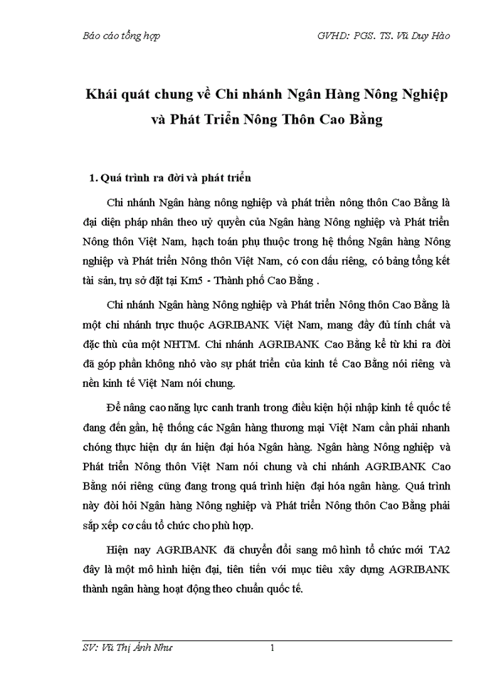 Báo cáo Khái quát chung về Chi nhánh Ngân Hàng Nông Nghiệp và Phát Triển Nông Thôn Cao Bằng