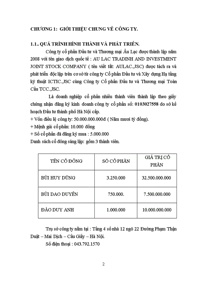 Báo cáo Công ty cổ phần Đầu tư và Thương mại Âu Lạc