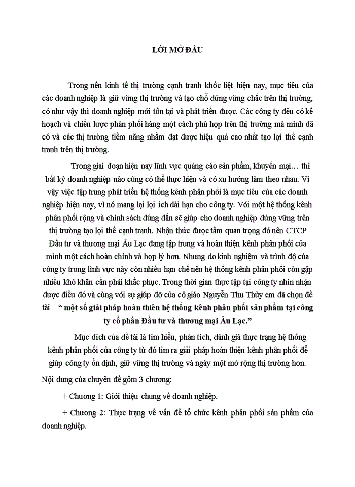 Một số giải pháp hoàn thiên hệ thống kênh phân phối sản phẩm tại công ty cổ phần Đầu tư và thương mại Âu Lạc
