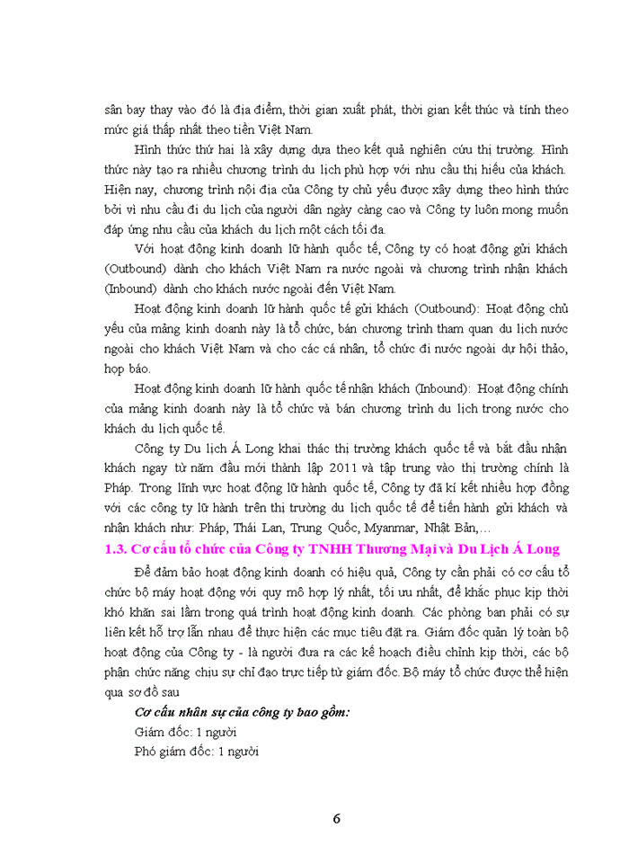 Hoạt động kinh doanh lữ hành của Công ty Trách nhiệm hữu hạn Thương Mại và Du Lịch Á Long