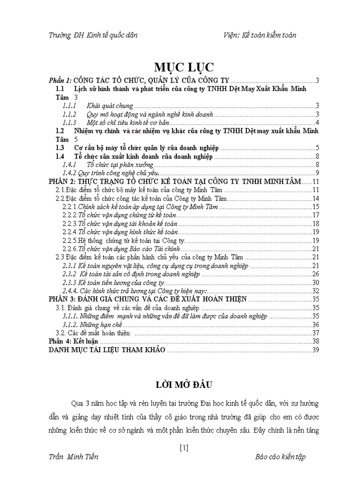 Báo cáo thực tập công tác kế toán công ty Trách nhiệm hữu hạn Dệt may xuất khẩu Minh Tâm