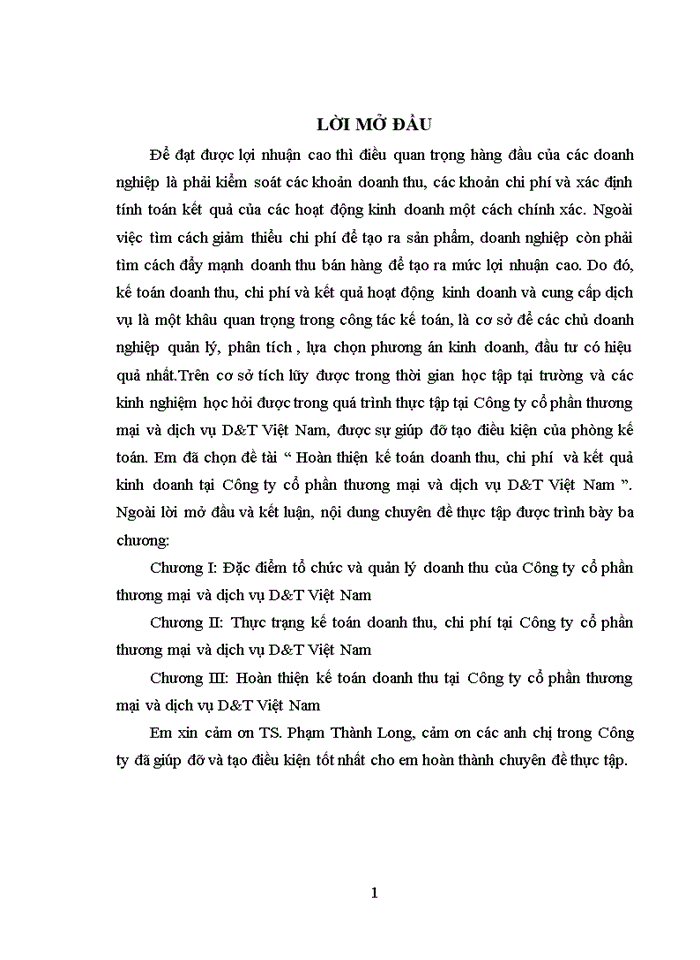 image for page Hoàn thiện kế toán doanh thu chi phí và kết quả kinh doanh tại Công ty cổ phần thương mại và dịch vụ D T Việt Nam