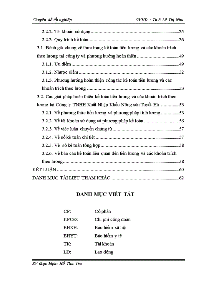 HOÀN THIỆN KẾ TOÁN TIỀN LƯƠNG VÀ CÁC KHOẢN TRÍCH THEO LƯƠNG TẠI CÔNG TY Trách nhiệm hữu hạn XUẤT NHẬP KHẨU NÔNG SẢN TUYẾT HÀ