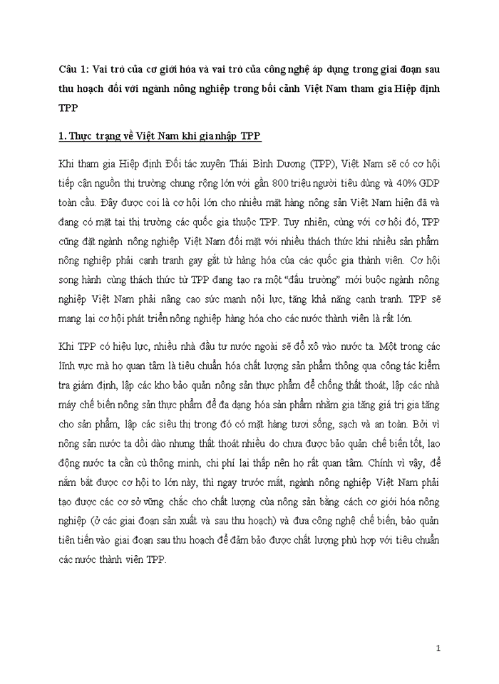Vai trò của cơ giới hóa và vai trò của công nghệ áp dụng trong giai đoạn sau thu hoạch đối với ngành nông nghiệp trong bối cảnh Việt Nam tham gia Hiệp định TPP
