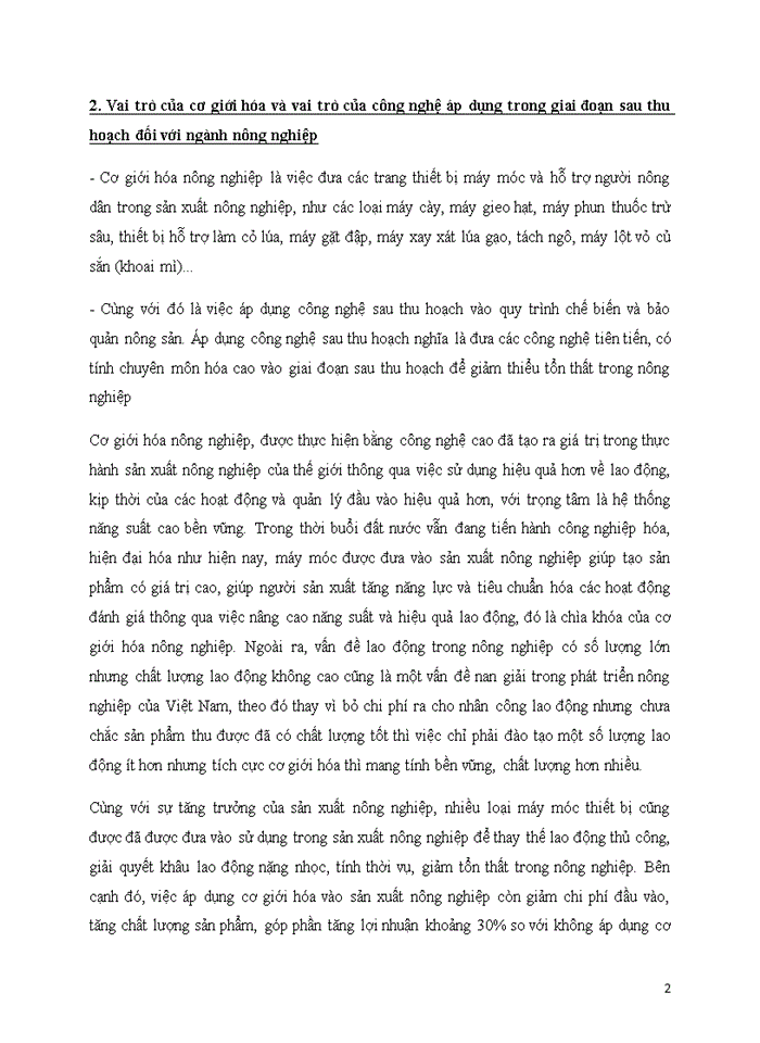 Vai trò của cơ giới hóa và vai trò của công nghệ áp dụng trong giai đoạn sau thu hoạch đối với ngành nông nghiệp trong bối cảnh Việt Nam tham gia Hiệp định TPP