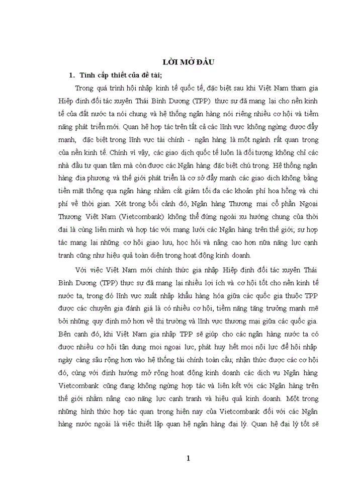 Phát triển đại lý cho các ngân hàng của các nước thành viên TPP tại Ngân hàng Thương Mại Cổ Phần Ngoại Thương Việt Nam