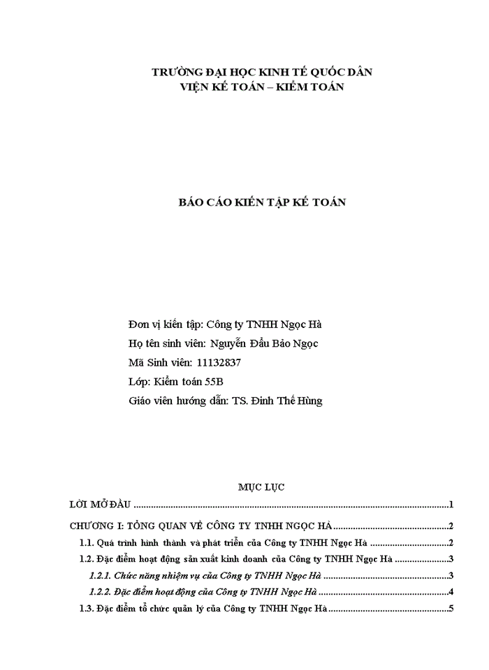 Báo cáo KIẾN TẬP KẾ TOÁN TẠI CÔNG TY Trách nhiệm hữu hạn NGỌC HÀ