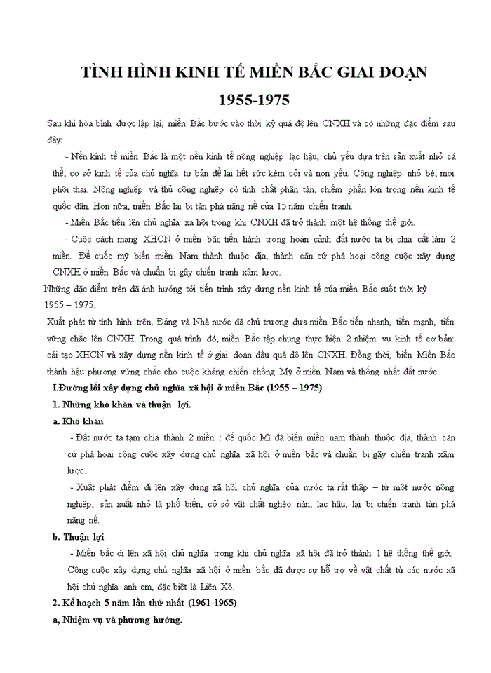 TÌNH HÌNH KINH TẾ MIỀN BẮC GIAI ĐOẠN 1955-1975