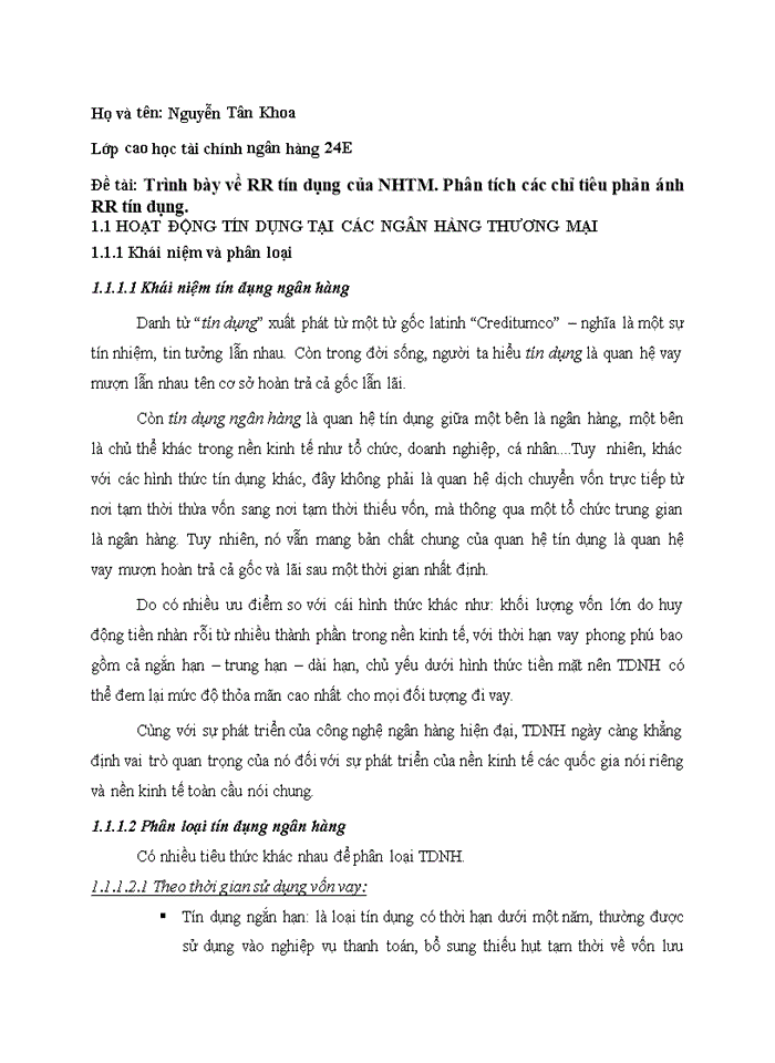 image for page Trình bày về RR tín dụng của NHTM Phân tích các chỉ tiêu phản ánh RR tín dụng