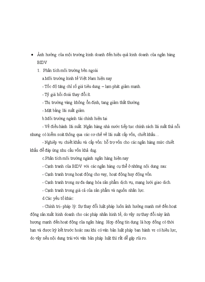 Phân tích ảnh hưởng của môi trường kinh doanh đến hiệu quả kinh doanh cụ thể của ngân hàng Đầu tư và phát triển BIDV