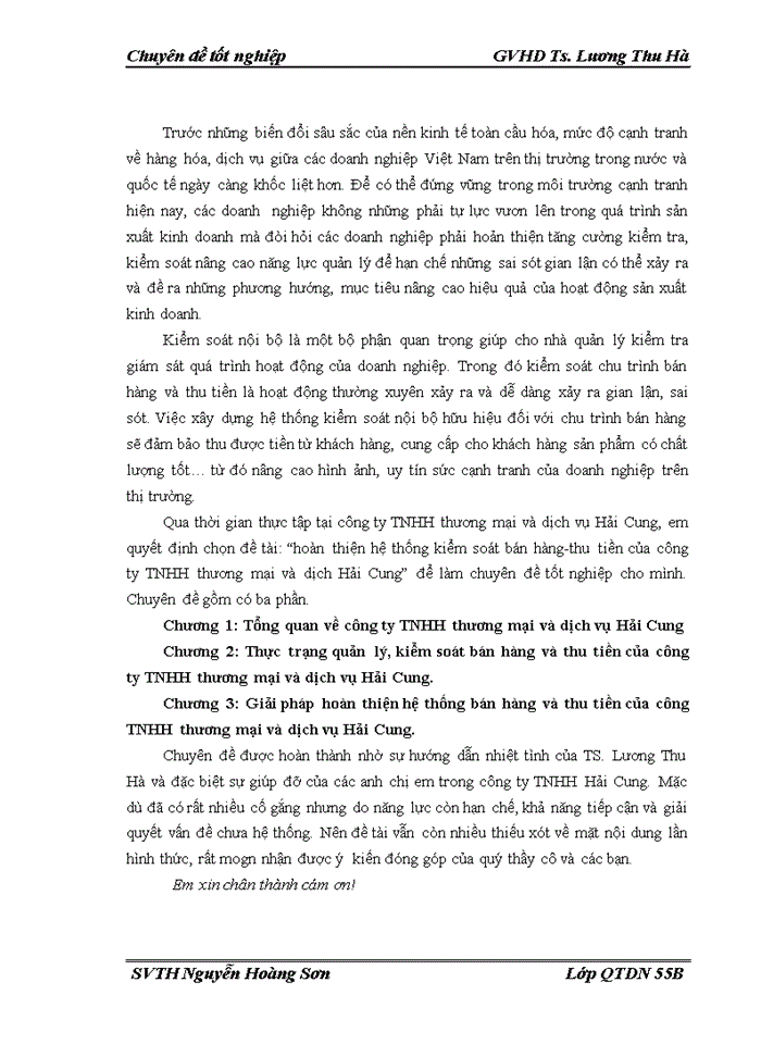 Hoàn thiện hệ thống kiểm soát bán hàng-thu tiền của công ty Trách nhiệm hữu hạn thương mại và dịch Hải Cung