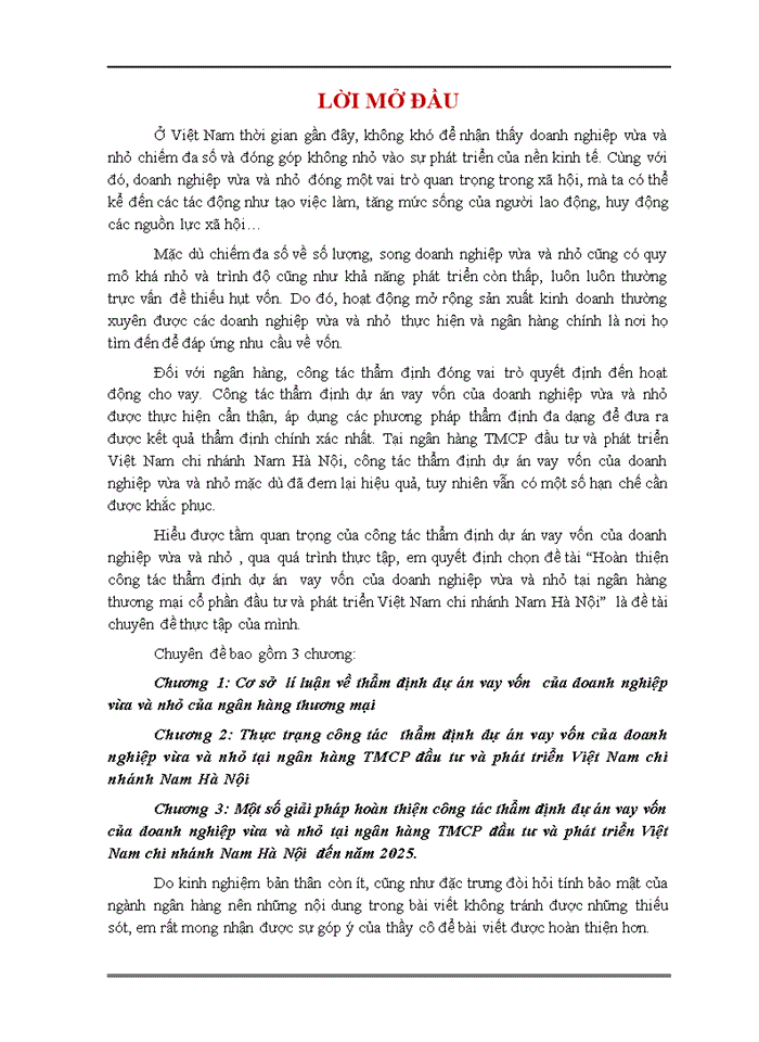 image for page THS Hoàn thiện công tác thẩm định dự án vay vốn của doanh nghiệp vừa và nhỏ tại ngân hàng thương mại cổ phần đầu tư và phát triển Việt Nam chi nhánh Nam Hà Nội
