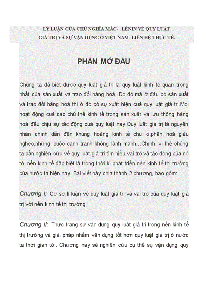 LÝ LUẬN CỦA CHỦ NGHĨA MÁC- LÊNIN VỀ QUY LUẬT GIÁ TRỊ VÀ SỰ VẬN DỤNG Ở VIỆT NAM- LIÊN HỆ THỰC TẾ