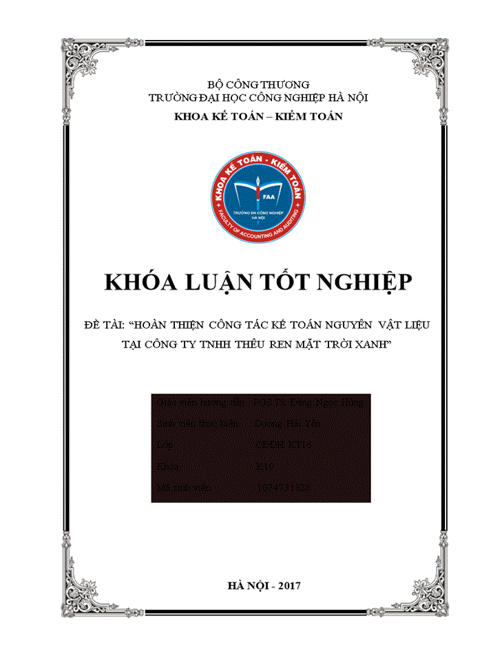 Hoàn thiện công tác kế toán nguyên vật liệu tại công ty Trách nhiệm hữu hạn thêu ren mặt trời xanh