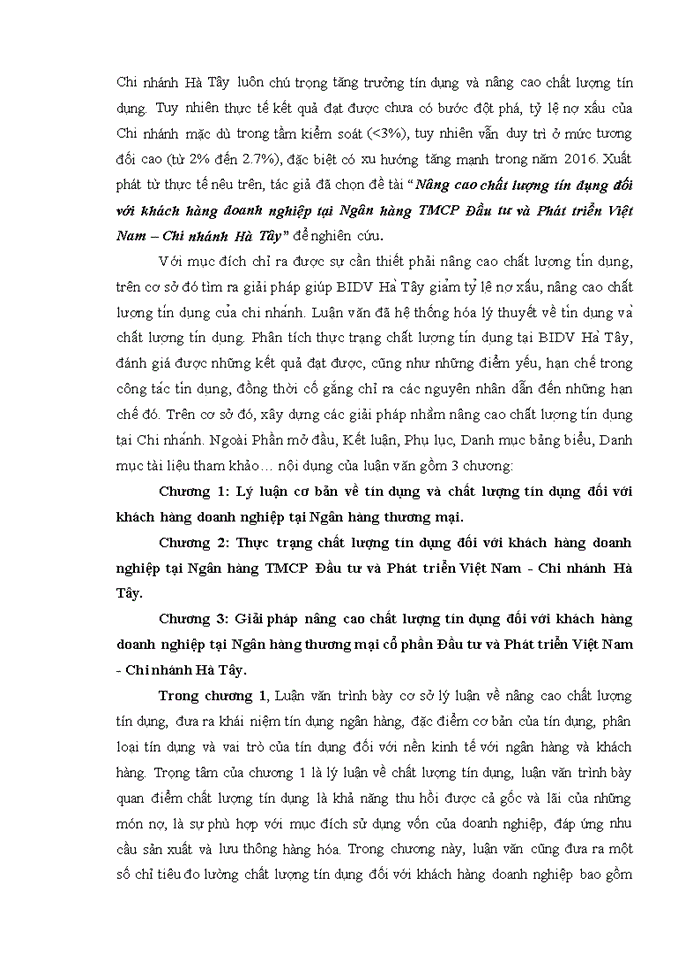 image for page Nâng cao chất lượng tín dụng đối với khách hàng doanh nghiệp tại ngân hàng Thương mại Cổ phần đầu tư và phát triển việt nam chi nhánh hà tây