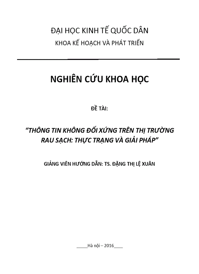 THÔNG TIN KHÔNG ĐỐI XỨNG TRÊN THỊ TRƯỜNG RAU SẠCH THỰC TRẠNG VÀ GIẢI PHÁP