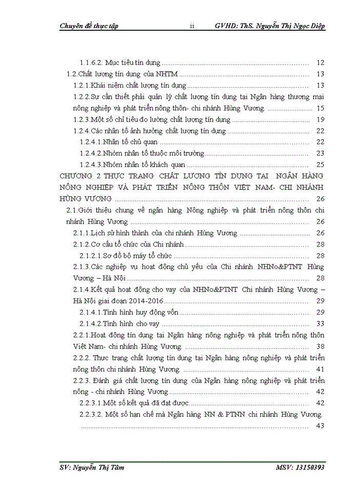 THỰC TRẠNG CHẤT LƯỢNG TÍN DỤNG TẠI NGÂN HÀNG NÔNG NGHIỆP VÀ PHÁT TRIỂN NÔNG THÔN VIỆT NAM- CHI NHÁNH HÙNG VƯƠNG