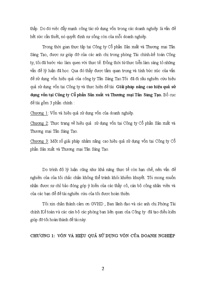 Giải pháp nâng cao hiệu quả sử dụng vốn tại Công ty Cổ phần Sản xuất và Thương mại Tân Sáng Tạo