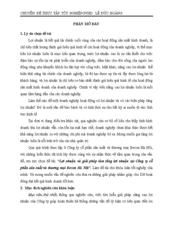 GIẢI PHÁP GIA TĂNG LỢI NHUẬN TẠI CÔNG TY CỔ PHẦN SẢN XUẤT VÀ THƯƠNG MẠI BECON