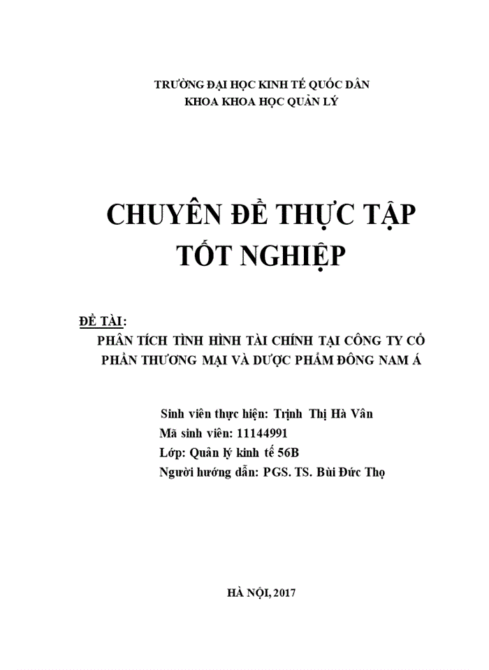 PHÂN TÍCH TÌNH HÌNH TÀI CHÍNH TẠI CÔNG TY CỔ PHẦN THƯƠNG MẠI VÀ DƯỢC PHẨM ĐÔNG NAM Á