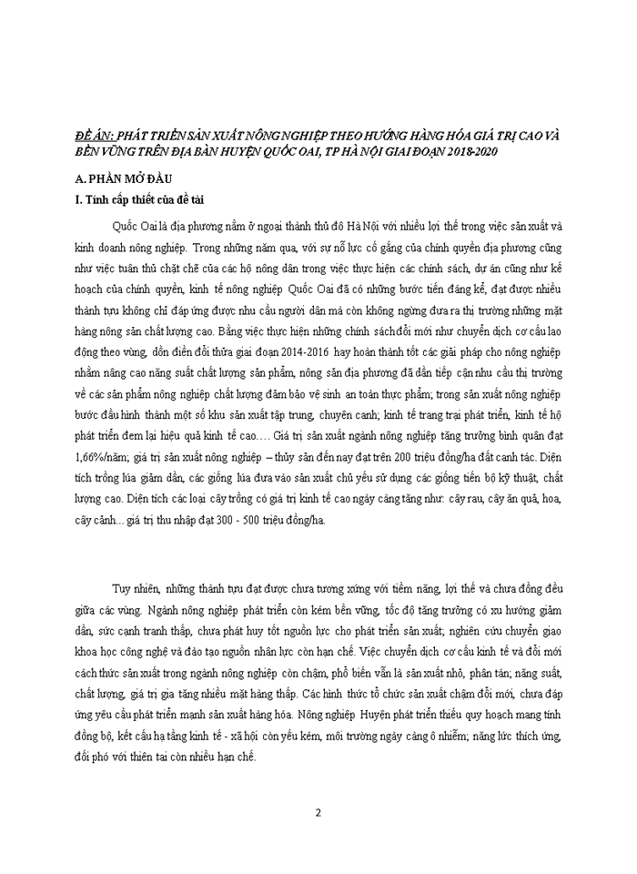 PHÁT TRIỂN SẢN XUẤT NÔNG NGHIỆP THEO HƯỚNG HÀNG HÓA GIÁ TRỊ CAO VÀ BỀN VỮNG TRÊN ĐỊA BÀN HUYỆN QUỐC OAI TP HÀ NỘI GIAI ĐOẠN 2018-2020