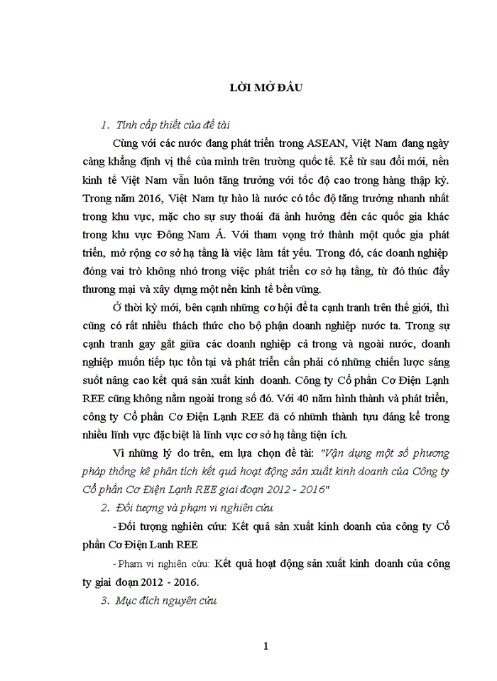 Vận dụng một số phương pháp thống kê phân tích kết quả hoạt động sản xuất kinh doanh của Công ty Cổ phần Cơ Điện Lạnh REE giai đoạn 2012 - 2016