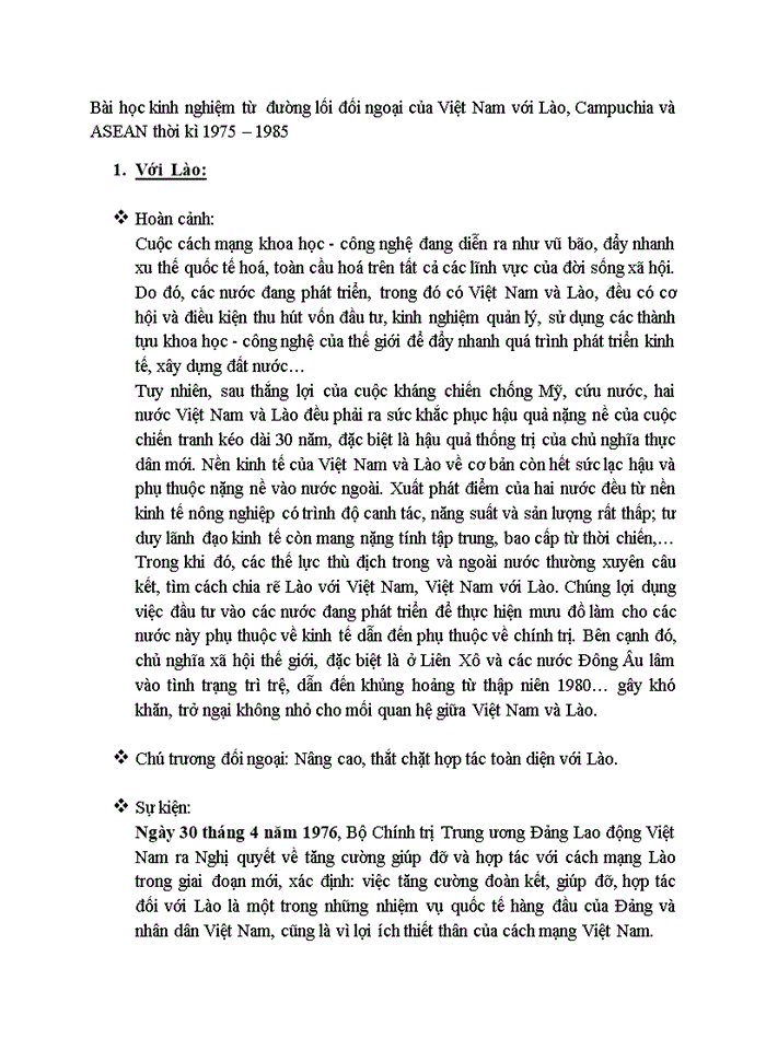 Bài học kinh nghiệm từ đường lối đối ngoại của Việt Nam với Lào Campuchia và ASEAN thời kì 1975 1985