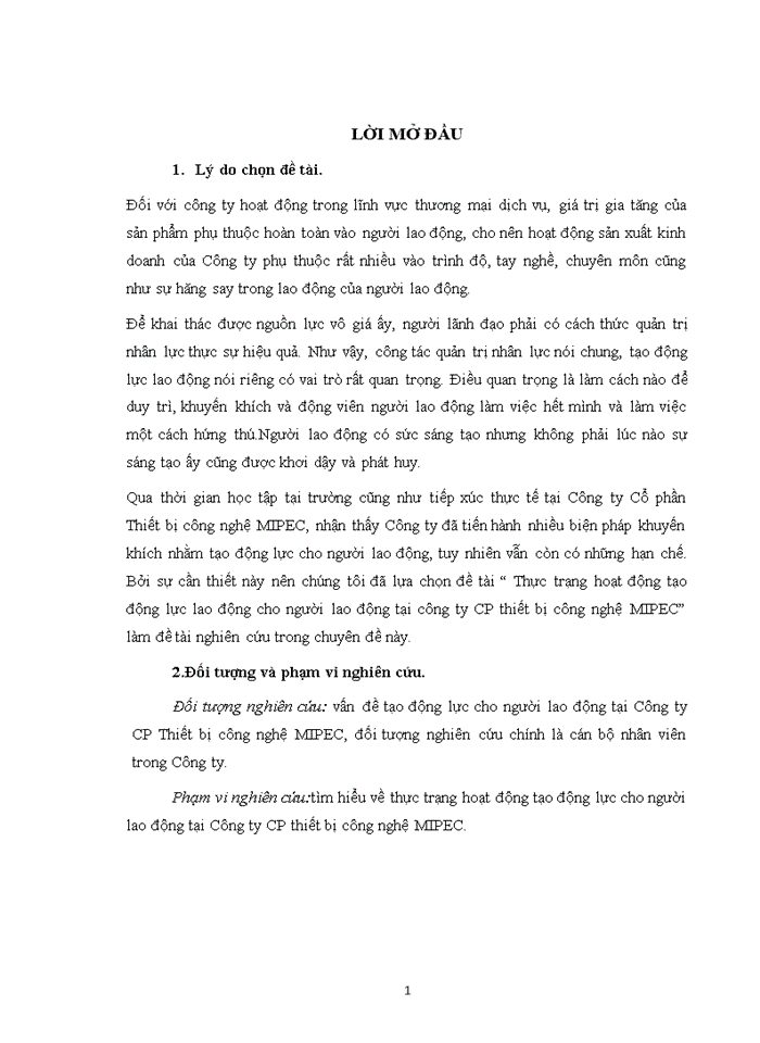 THỰC TRẠNG HOẠT ĐỘNG TẠO ĐỘNG LỰC LAO ĐỘNG TẠI CÔNG TY CỔ PHẦN THIẾT BỊ CÔNG NGHỆ MIPEC