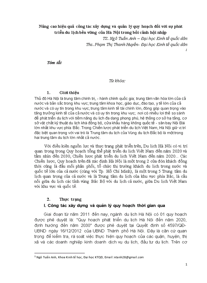 image for page Nâng cao hiệu quả công tác xây dựng và quản lý quy hoạch đối với sự phát triển du lịch bền vững của Hà Nội trong bối cảnh hội nhập