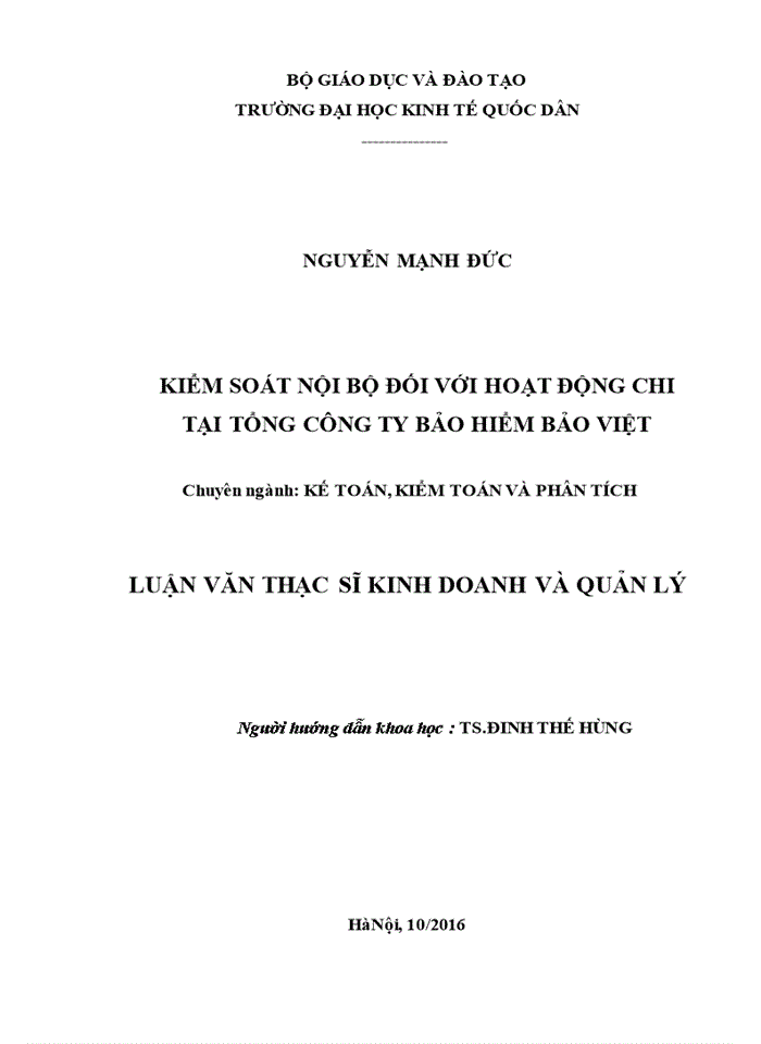 THS KIỂM SOÁT NỘI BỘ ĐỐI VỚI HOẠT ĐỘNG CHI TẠI TỔNG CÔNG TY BẢO HIỂM BẢO VIỆT