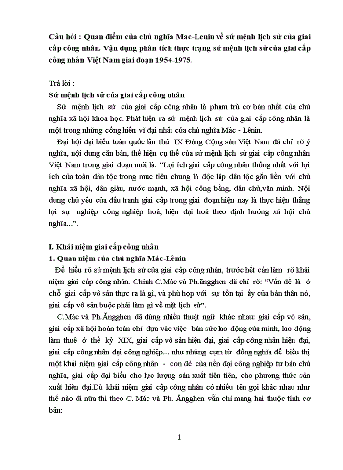Quan điểm của chủ nghĩa Mac-Lenin về sứ mệnh lịch sử của giai cấp công nhân Vận dụng phân tích thực trạng sứ mệnh lịch sử của giai cấp công nhân Việt Nam giai đoạn 1954-1975