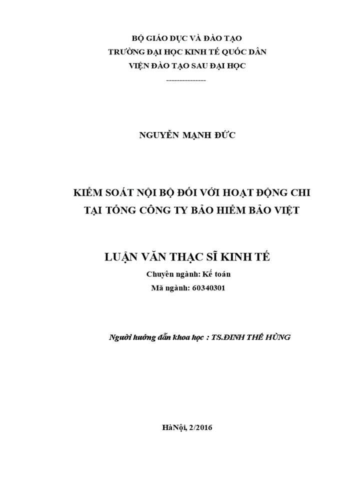 KIỂM SOÁT NỘI BỘ ĐỐI VỚI HOẠT ĐỘNG CHI TẠI TỔNG CÔNG TY BẢO HIỂM BẢO VIỆT