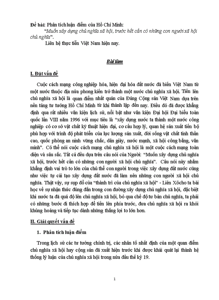 Tư tưởng Phân tích luận điểm của Hồ Chí Minh Muốn xây dựng chủ nghĩa xã hội trước hết cần có những con người xã hội chủ nghĩa