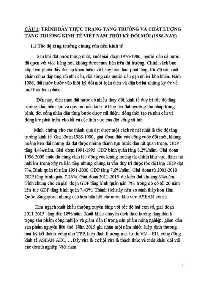 TRÌNH BÀY THỰC TRẠNG TĂNG TRƯỞNG VÀ CHẤT LƯỢNG TĂNG TRƯỞNG KINH TẾ VIỆT NAM THỜI KỲ ĐỔI MỚI 1986-NAY