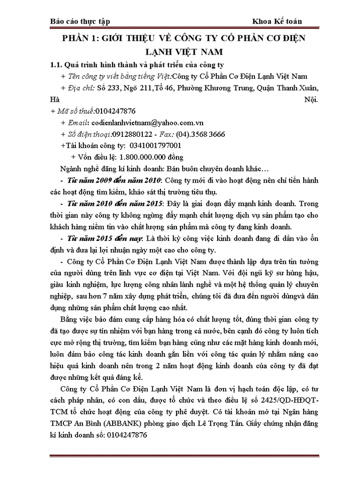 Báo cáo tại Công ty Cổ Phần Cơ Điện Lạnh Việt Nam