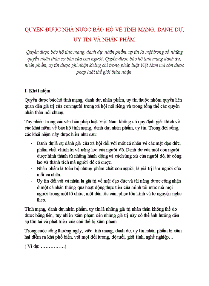 image for page QUYỀN ĐƯỢC NHÀ NƯỚC BẢO HỘ VỀ TÍNH MẠNG DANH DỰ UY TÍN VÀ NHÂN PHẨM