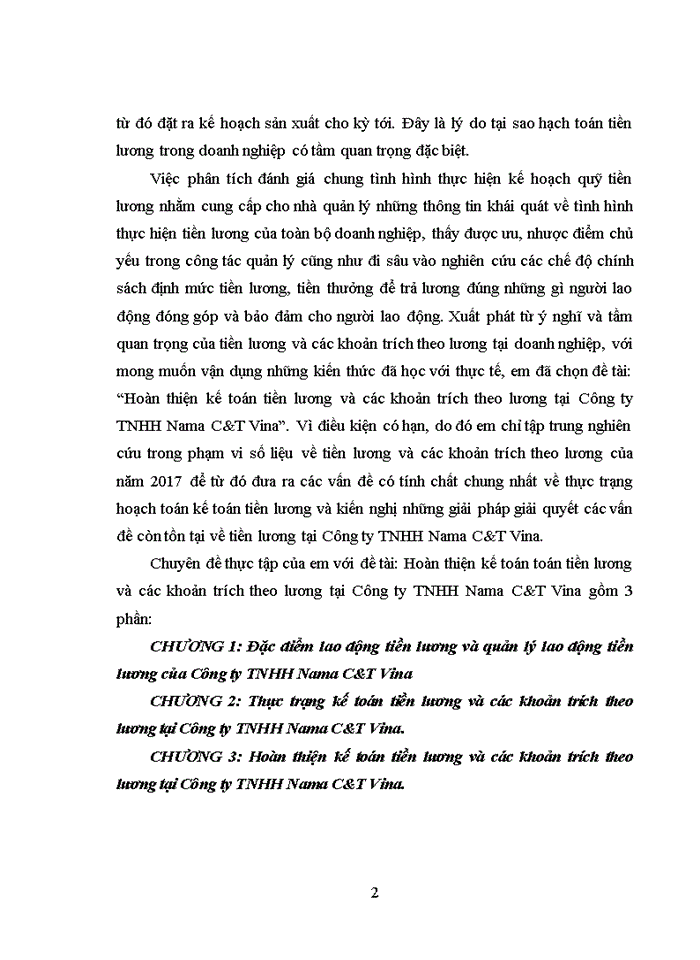 HOÀN THIỆN KẾ TOÁN TOÁN TIỀN LƯƠNG VÀ CÁC KHOẢN TRÍCH THEO LƯƠNG TẠI CÔNG TY Trách nhiệm hữu hạn NAMA C T VINA