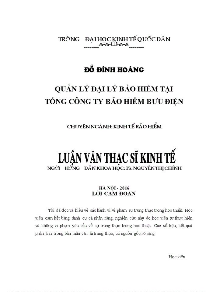 ThS Quản lý đại lý bảo hiểm tại Tổng Công ty Bảo hiểm Bưu điện