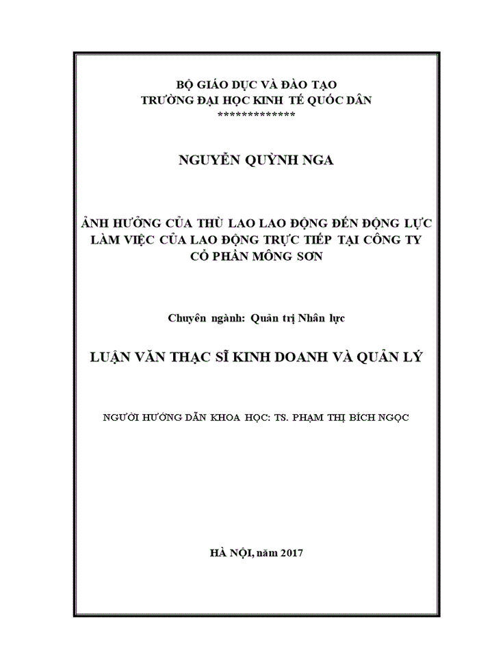 ẢNH HƯỞNG CỦA THÙ LAO LAO ĐỘNG ĐẾN ĐỘNG LỰC LÀM VIỆC CỦA LAO ĐỘNG TRỰC TIẾP TẠI CÔNG TY CỔ PHẦN MÔNG SƠN