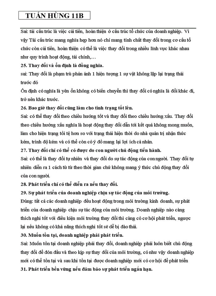 image for page ĐÚNG SAI GIẢI THÍCH MÔN QUẢN TRỊ SỰ THAY ĐỔI