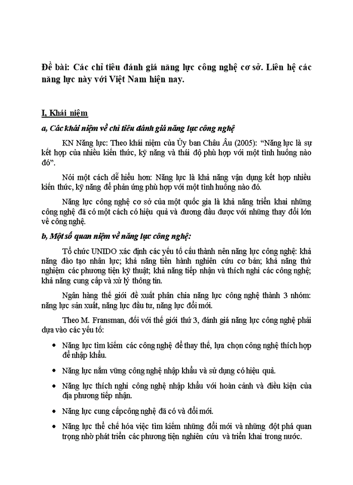 Các chỉ tiêu đánh giá năng lực công nghệ cơ sở Liên hệ các năng lực này với Việt Nam hiện nay