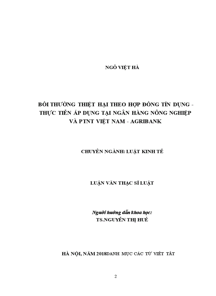 THS BỒI THƯỜNG THIỆT HẠI THEO HỢP ĐỒNG TÍN DỤNG - THỰC TIỄN ÁP DỤNG TẠI NGÂN HÀNG NÔNG NGHIỆP VÀ PTNT VIỆT NAM - AGRIBANK