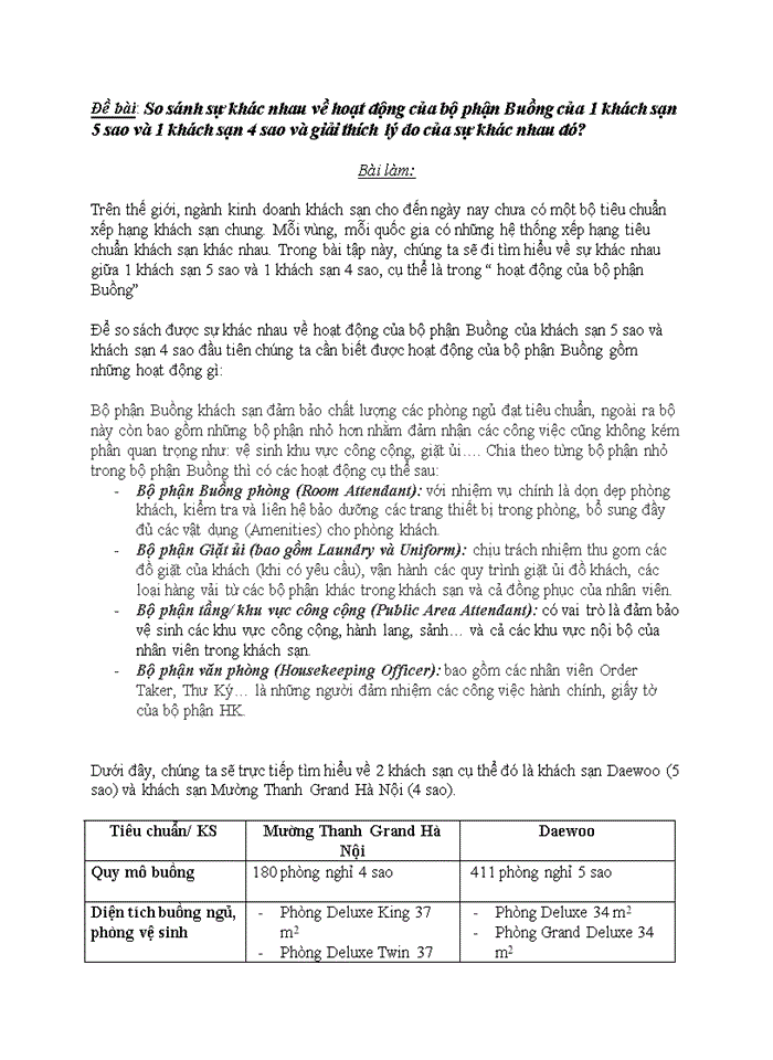 So sánh sự khác nhau về hoạt động của bộ phận Buồng của 1 khách sạn 5 sao và 1 khách sạn 4 sao và giải thích lý do của sự khác nhau đó