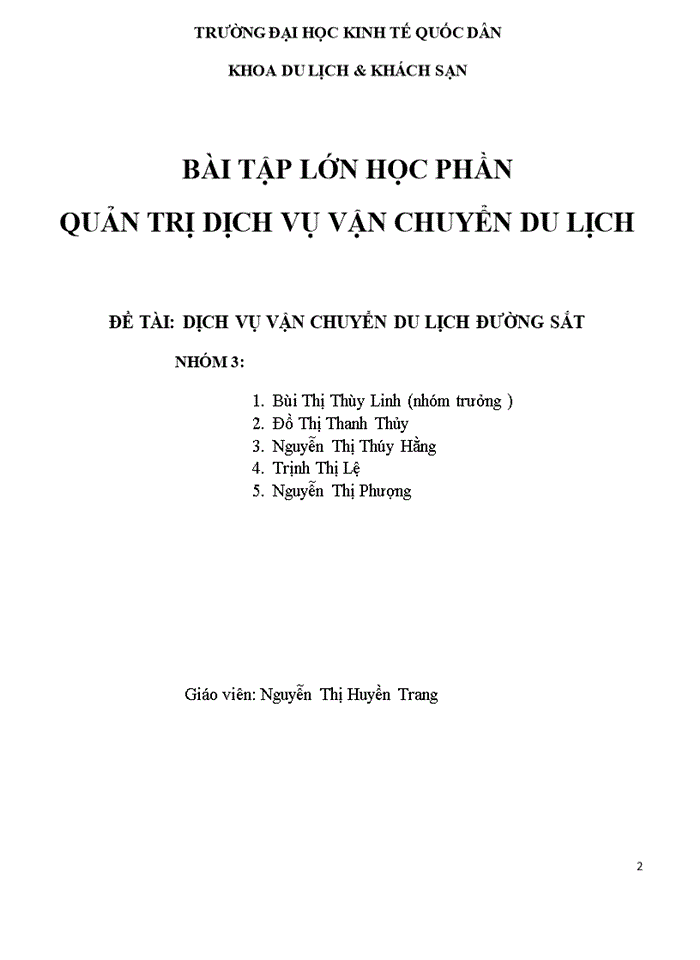 BÀI TẬP LỚN HỌC PHẦN QUẢN TRỊ DỊCH VỤ VẬN CHUYỂN DU LỊCH