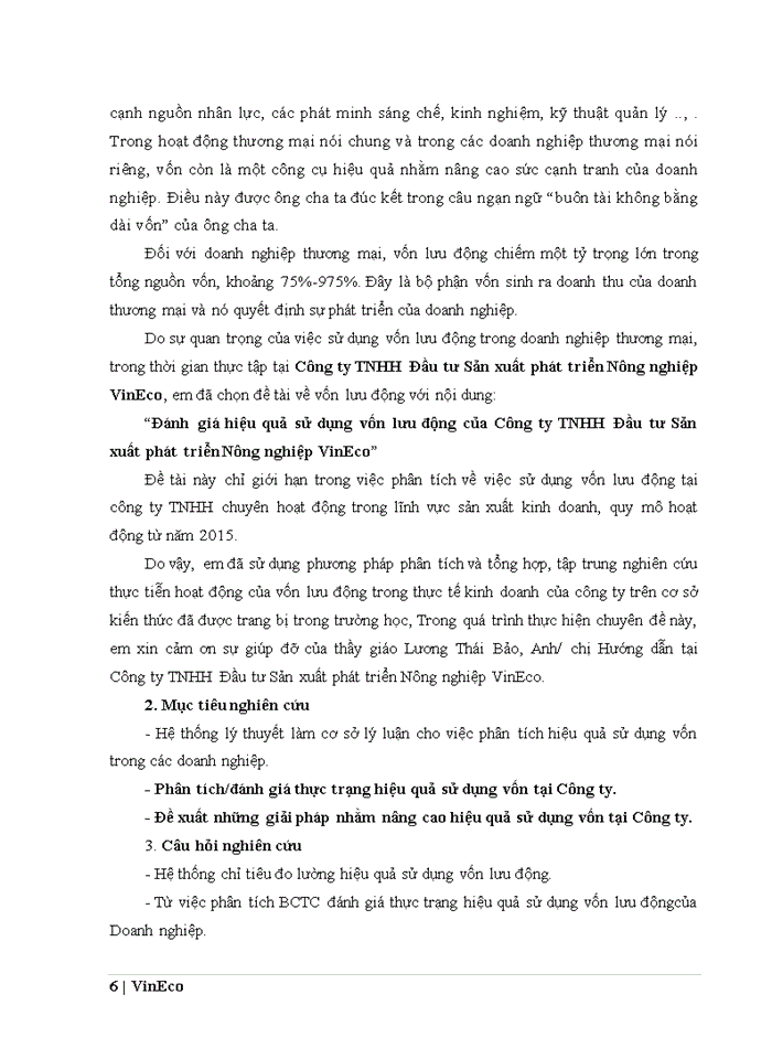 Đánh giá hiệu quả sử dụng vốn lưu động của Công ty Trách nhiệm hữu hạn Đầu tư Sản xuất phát triển Nông nghiệp VinEco