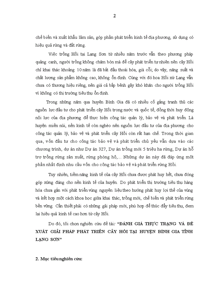 Đánh giá thực trạng và đề xuất giải pháp phát triển cây hồi tại huyện bình gia tỉnh lạng sơn