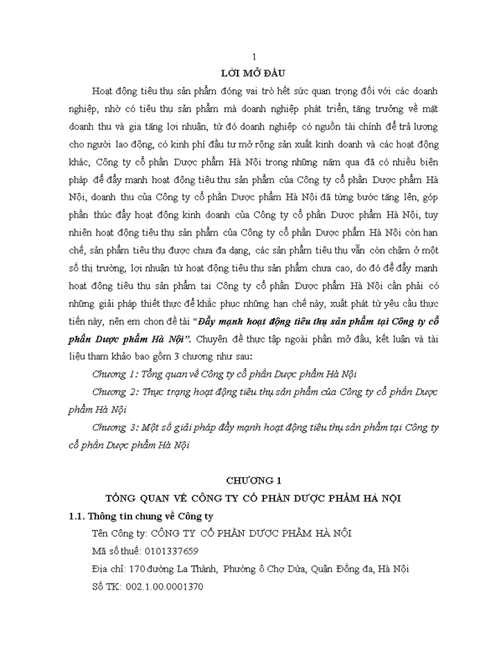 Đẩy mạnh hoạt động tiêu thụ sản phẩm tại công ty cổ phần dược phẩm hà nội