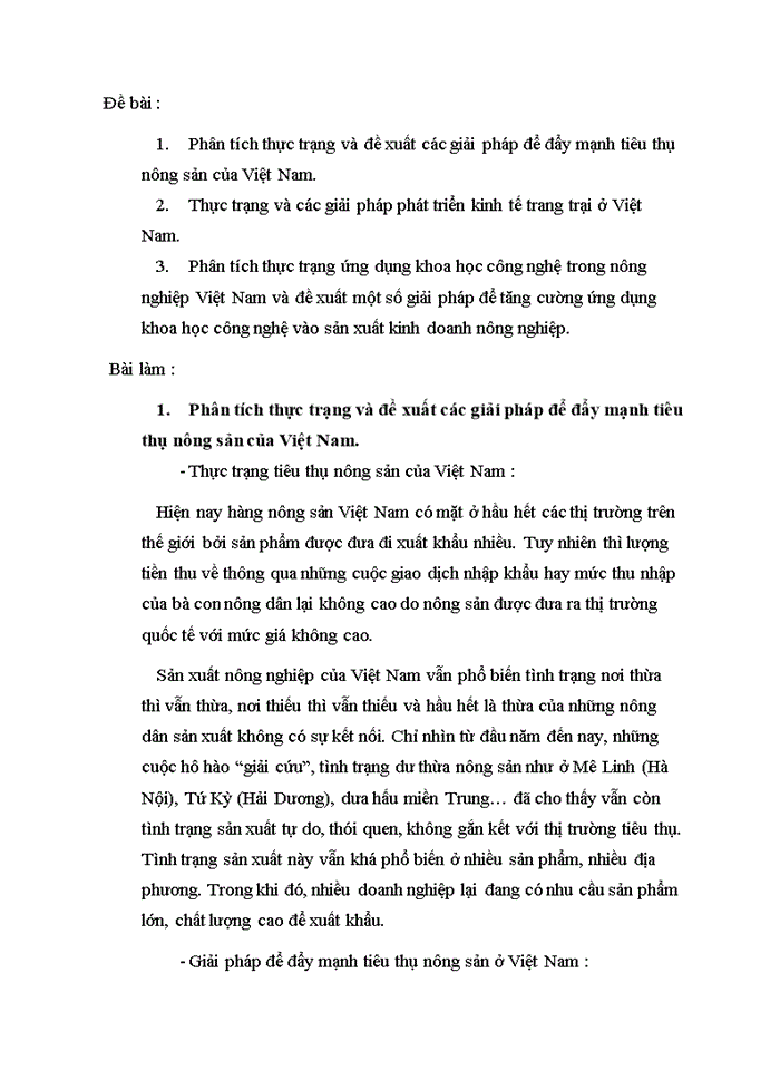 Phân tích thực trạng và đề xuất các giải pháp để đẩy mạnh tiêu thụ nông sản của Việt Nam